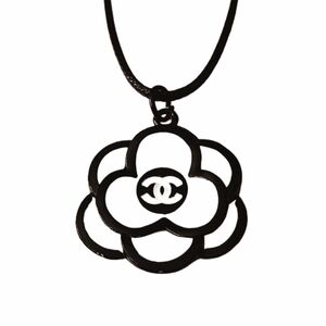 Designer Black & White Camelia Pendant Charm on Black Leather 18" Adj Chain